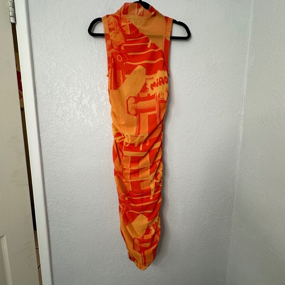 Miaou Orange Graphic Print Ruched Mock Neck Sleeveless Midi Dress Size S - Picture 2 of 6